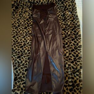 Brown Faux Leather Midid Dress Criss Cross back